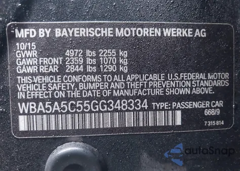 2016 BMW 528I from USA, damaged, VIN WBA5A5C55GG348334
